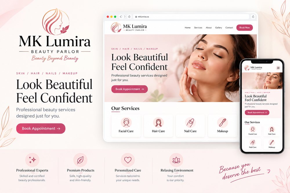 A finished salon website built with the InfraBit Website Builder, shown on a laptop and a phone