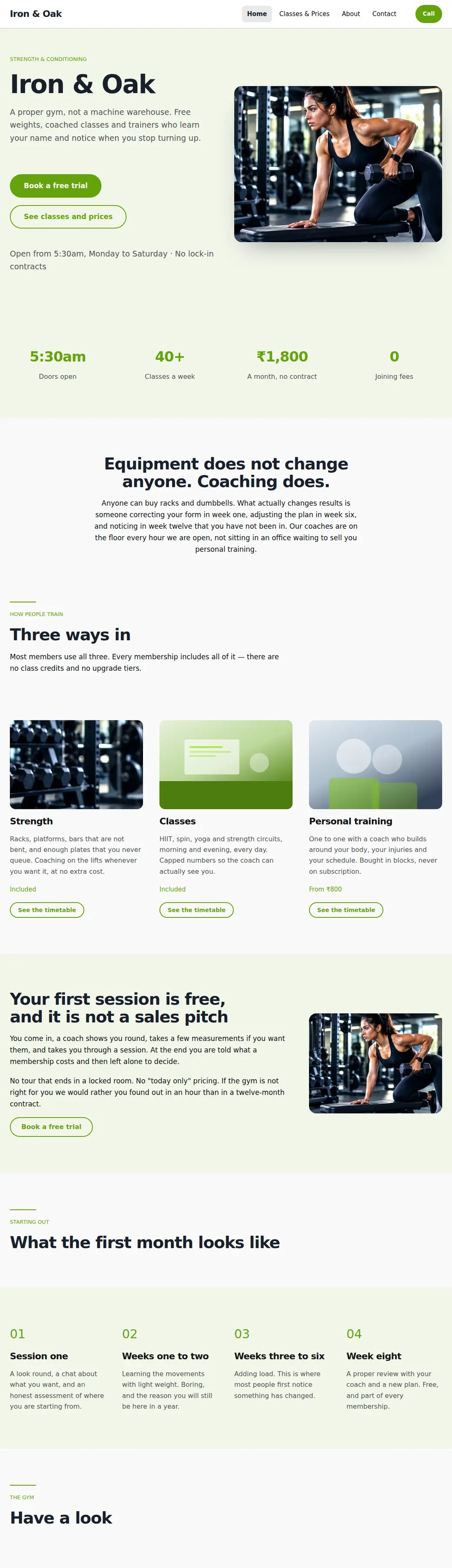 The Gym & Fitness template, shown as a finished website
