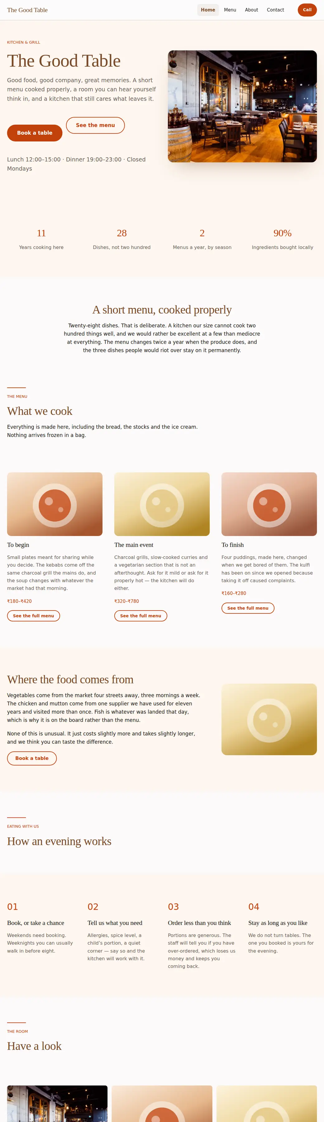 The Restaurant template, shown as a finished website